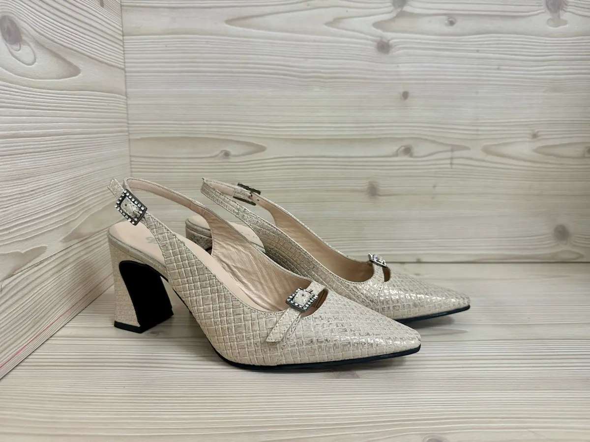 Daphne slingback donna pelle intrecciata beige con tacco largo elegante - Image 2